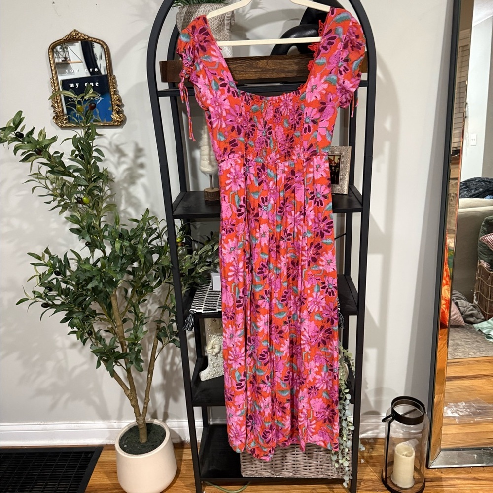 Free People Floral Midi Dress Pink Orange Lace Trim Small - Picture 10 of 13